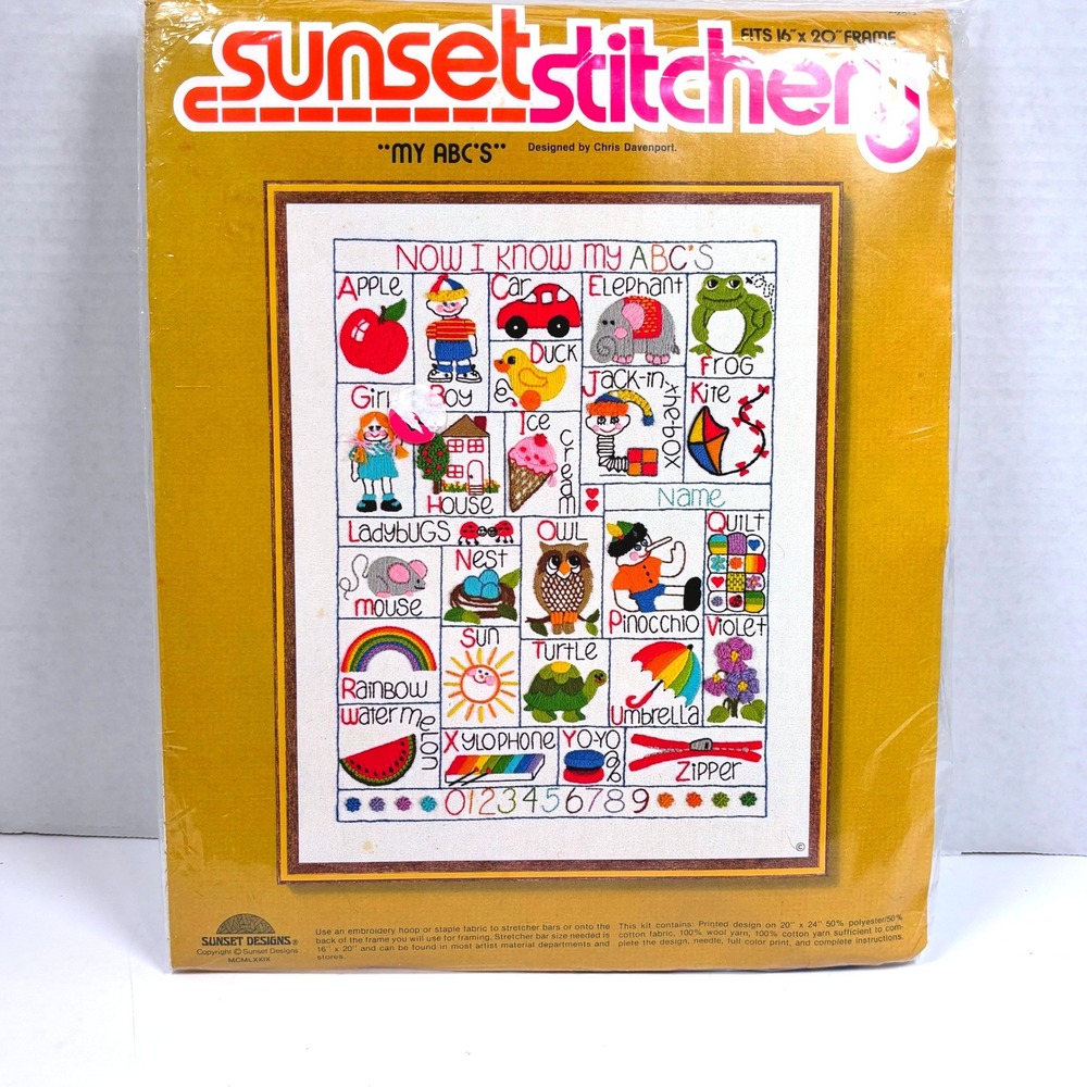 Vtg '79 Sunset Stitchery My ABC's Crewel Embroidery Kit Nursery Whimsical NEW